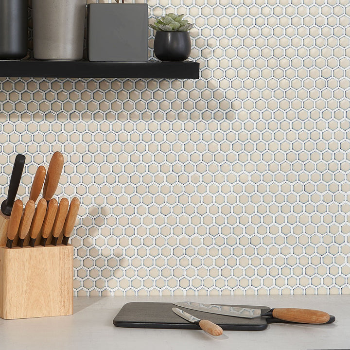 Eden Latte Beige Rimmed Hexagon Polished Porcelain Mosaic Tile