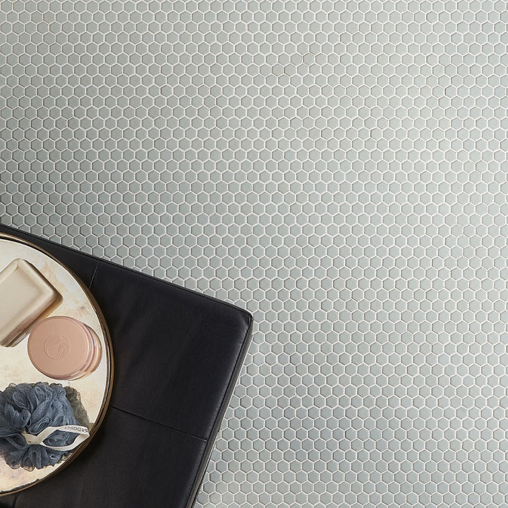 Eden Antiguan Sky Gray Rimmed Hexagon Polished Porcelain Mosaic Tile