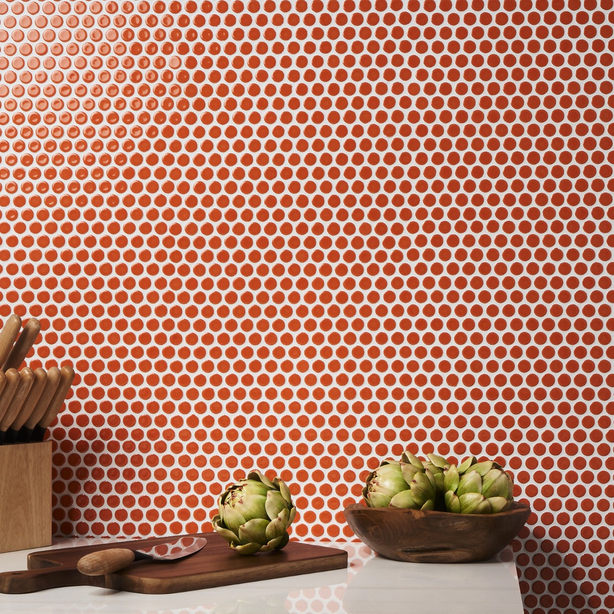 Eden Orange Nectar Rimmed Penny Round Polished Porcelain Mosaic Tile