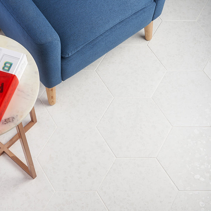 Six Hexagon White Terrazzo Look Matte Porcelain Tile - 12.5"