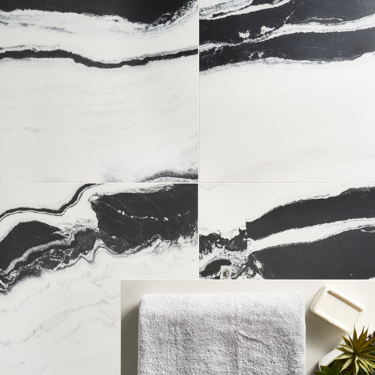 Drama Waves Black & White 24x24 Matte Porcelain Tile by Lux Tile