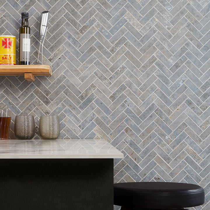 Portrait Ocean Blue 1x4 Herringbone Matte Porcelain Mosaic Tile by Lux Tile
