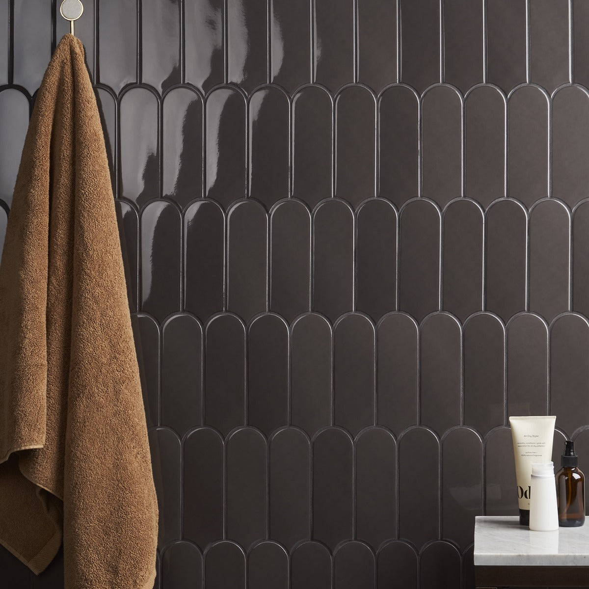 Parry Charcoal 3x8 Fishscale Glossy Ceramic Wall Tile by Lux Tile