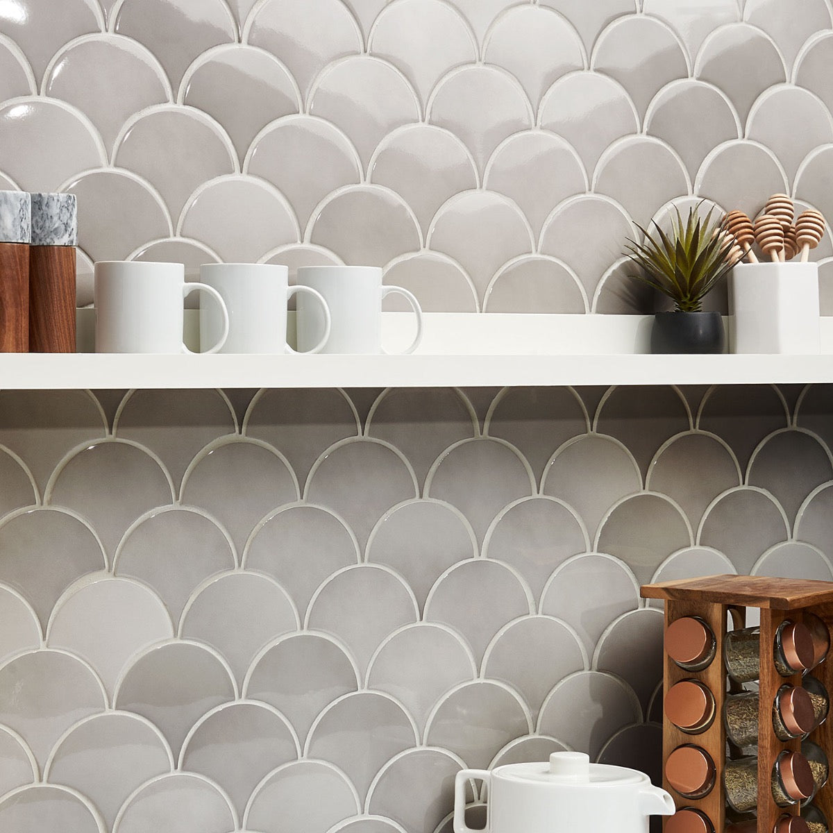Lux Tile Mist Gray Fish Scale Polished Ceramic Wall Tile - 5"