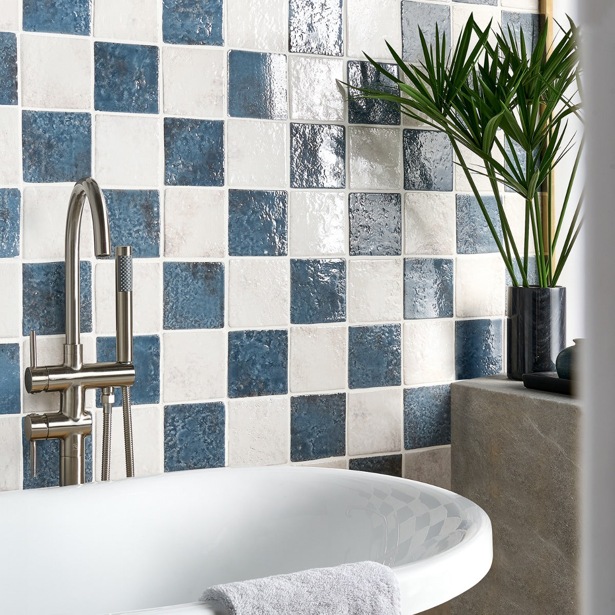 Greta Checkerboard Midnight Blue and Seashell White 5x5 Glossy Textured Porcelain Tile