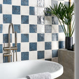 Greta Checkerboard Midnight Blue and Seashell White 5x5 Glossy Textured Porcelain Tile
