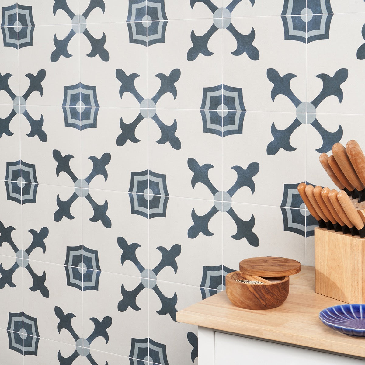 Lapaz White & Blue Herald 9x9 Matte Porcelain Tile - Mediterranean Design