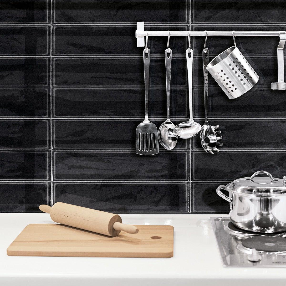 Stacy Garcia ArtBlock Nero Black 4x16 Glossy Porcelain Tile