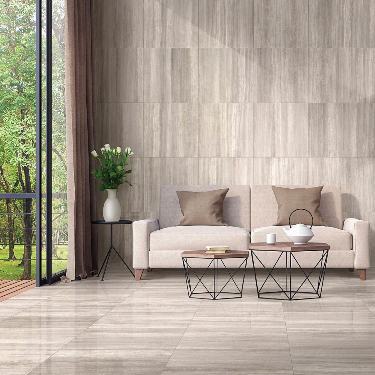 Nashville Taupe Beige 12x24 Polished Porcelain Tile - Travertine Look