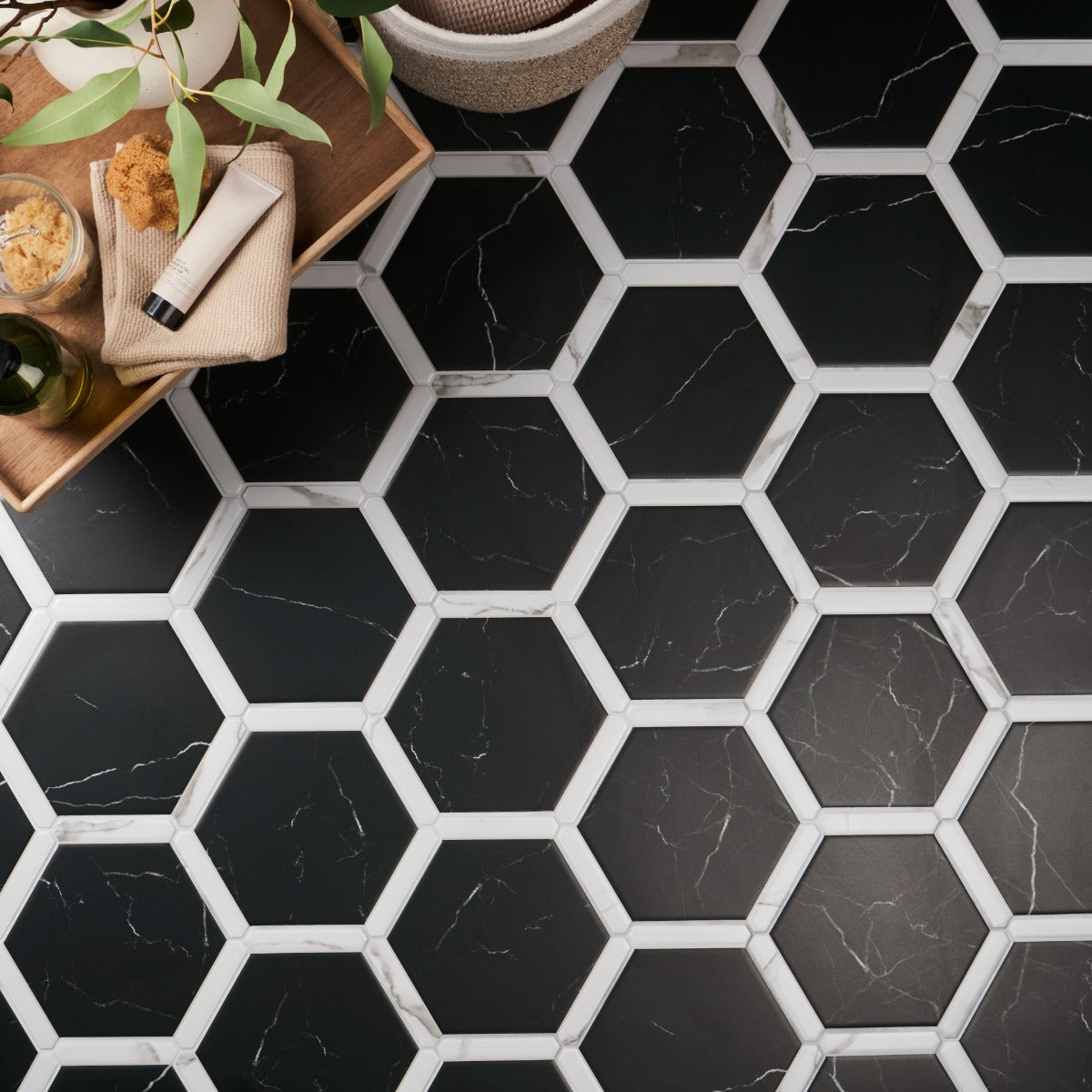 Sagon Nero Black 9" Hexagon Matte Porcelain Tile - Lux Tile