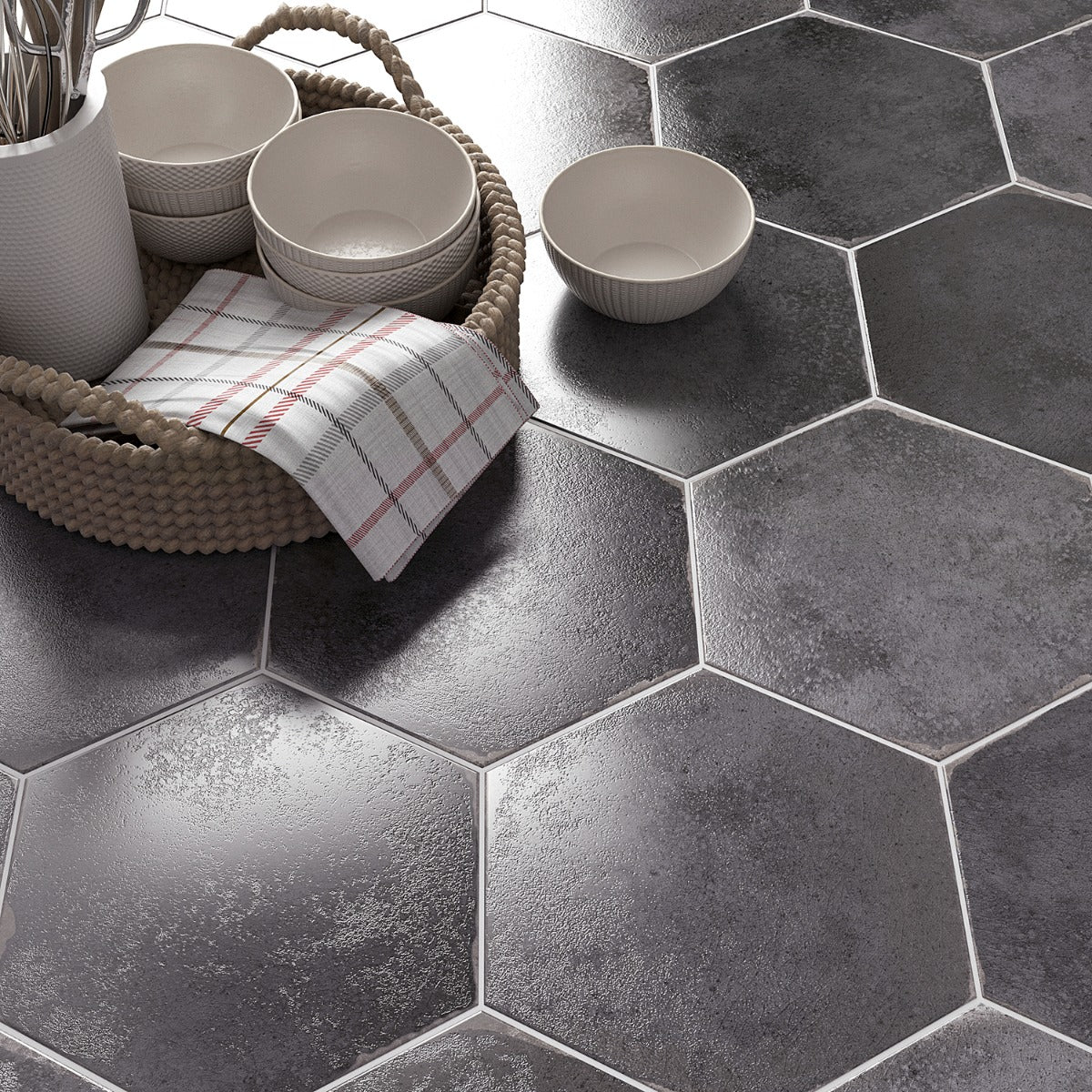 Kalay Antracite Gray 9" Hexagon Polished Porcelain Tile