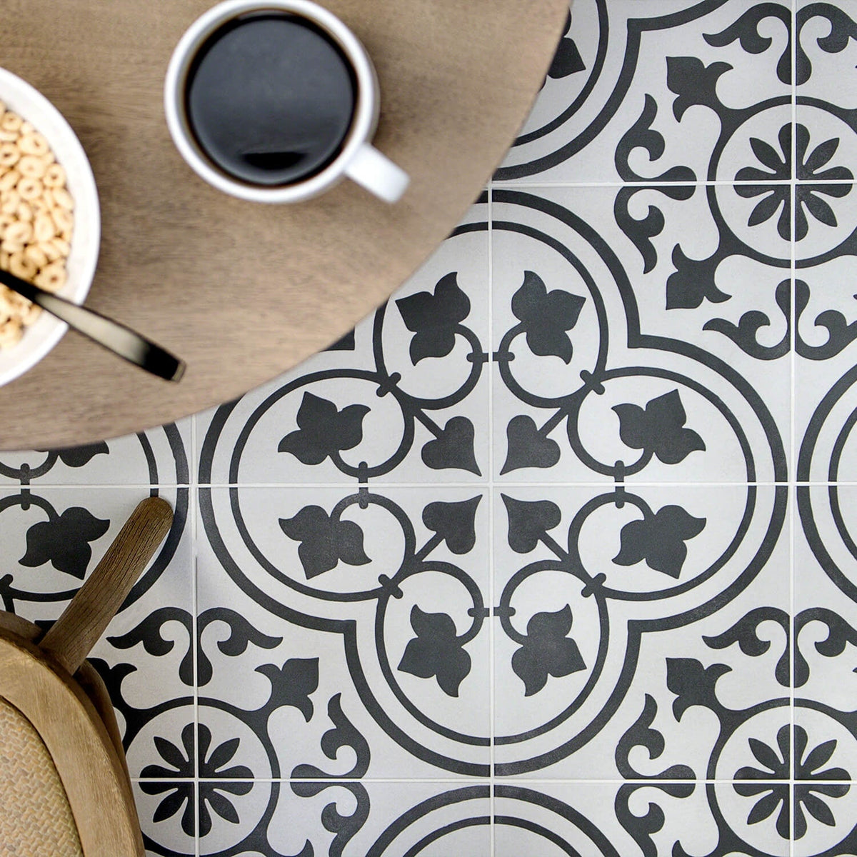 Cascais Black & White Ornate 9x9 Matte Porcelain Tile by Lux Tile