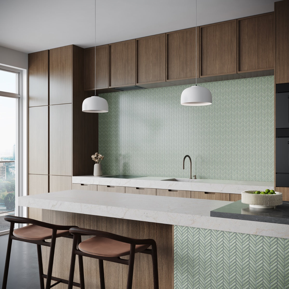 Kai Mint Green 1x2" Herringbone Glossy Porcelain Mosaic Tile