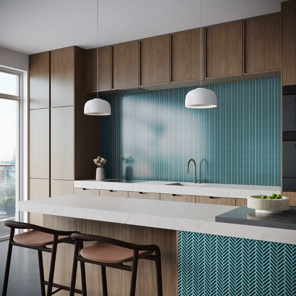 Kai Teal Herringbone Crackled Glossy Porcelain Mosaic Tile - Lux Tile