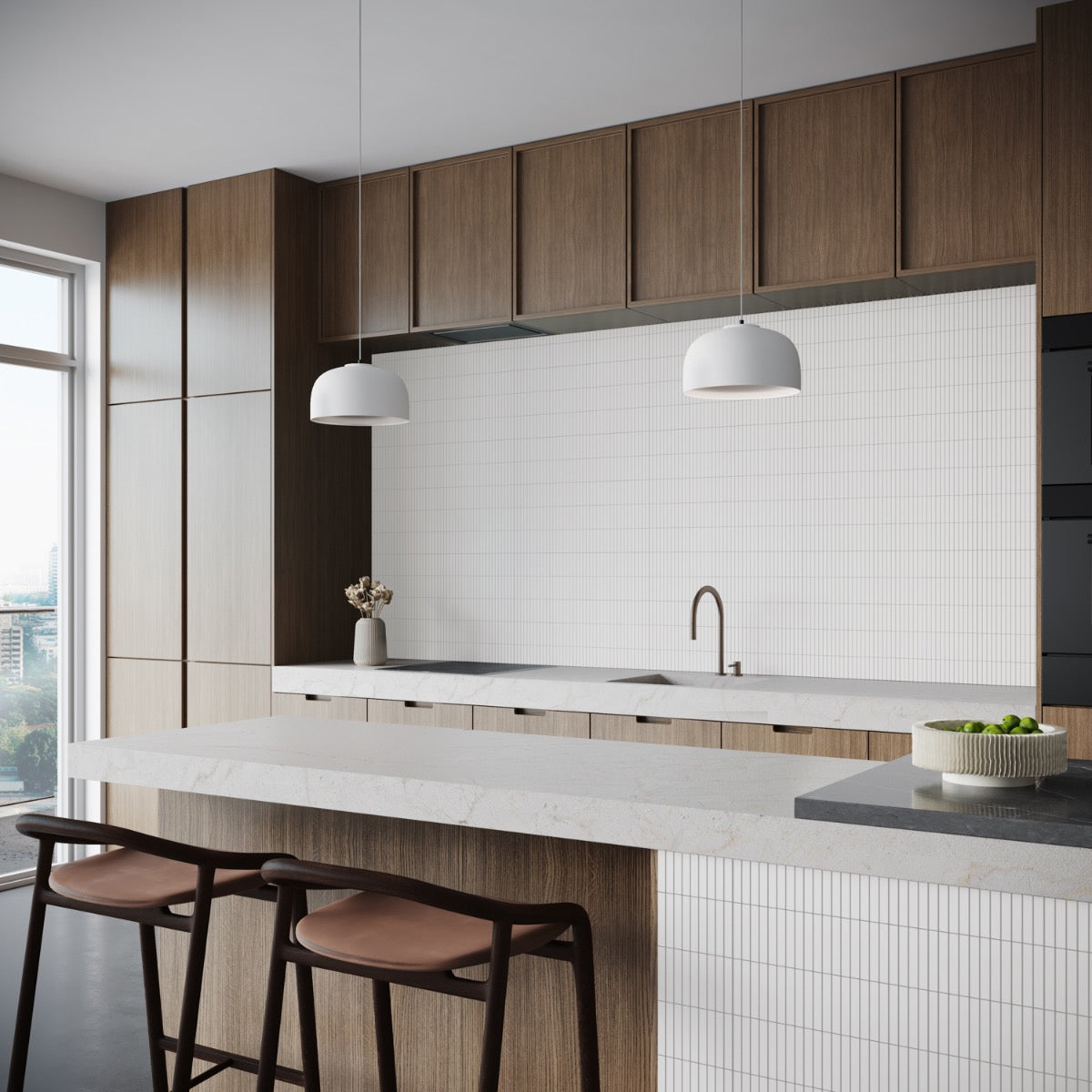 Kai White Matte Porcelain Mosaic Tile - 1x4" Tri-Stacked Design