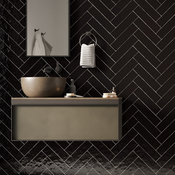 Lancaster Noir Black 3x12 Polished Ceramic Subway Tile for Walls