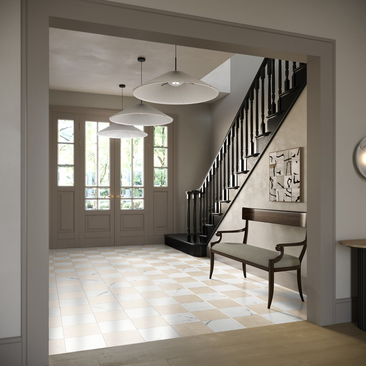 Fortunato Calacatta and Marfil 12x12 Polished Porcelain Checkerboard Tile