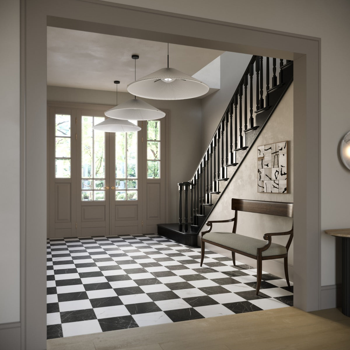 Fortunato Calacatta and Nero Marquina 12x12 Matte Porcelain Checkerboard Tile