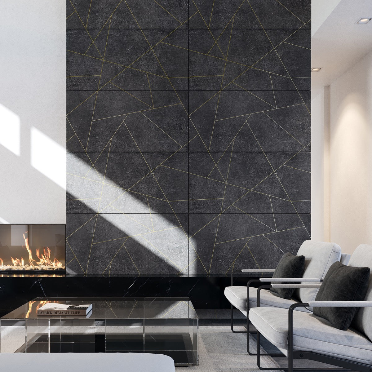 Whitney Ardesia Charcoal Black and Gold Line 24x48 Matte Porcelain Wall Tile