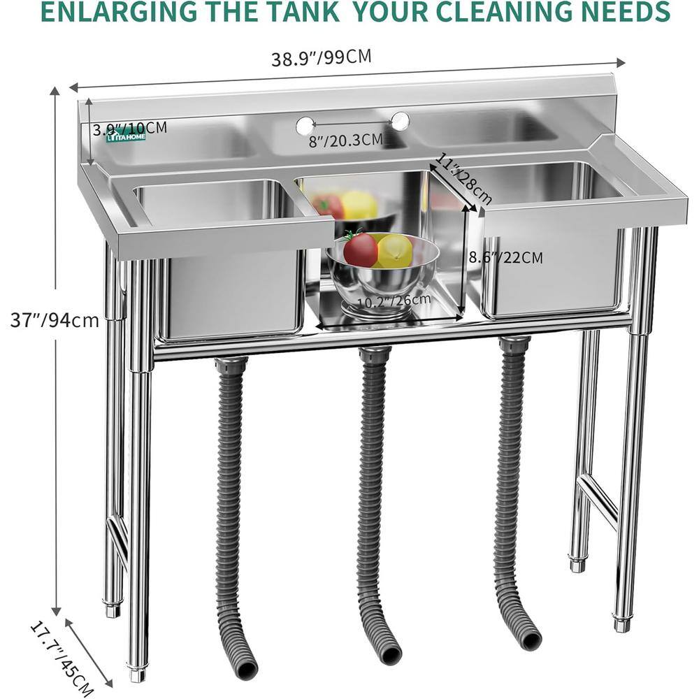Adrinfly 39 in. Stainless Steel Freestanding 3 Compartment Utility Sink