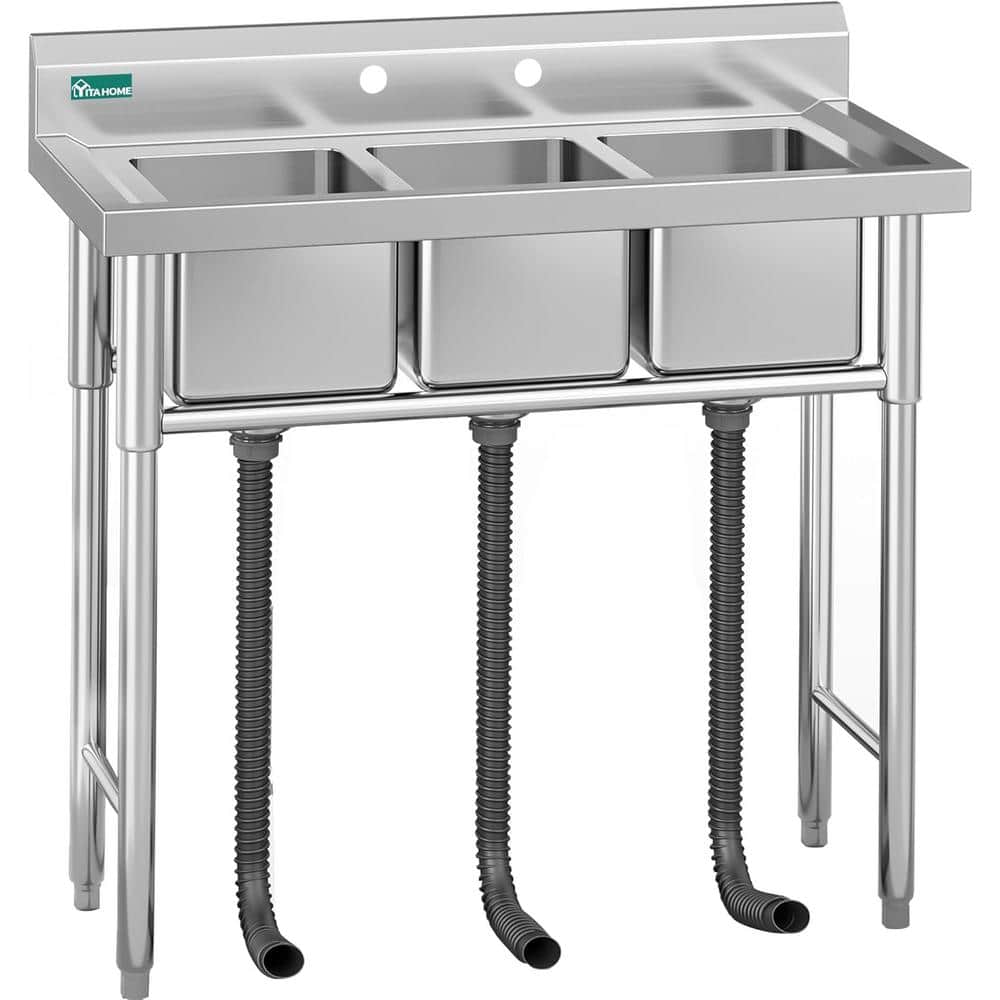 Adrinfly 39 in. Stainless Steel Freestanding 3 Compartment Utility Sink