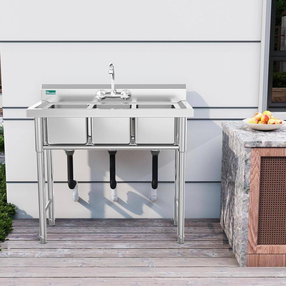 Adrinfly 39 in. Stainless Steel Freestanding 3 Compartment Utility Sink