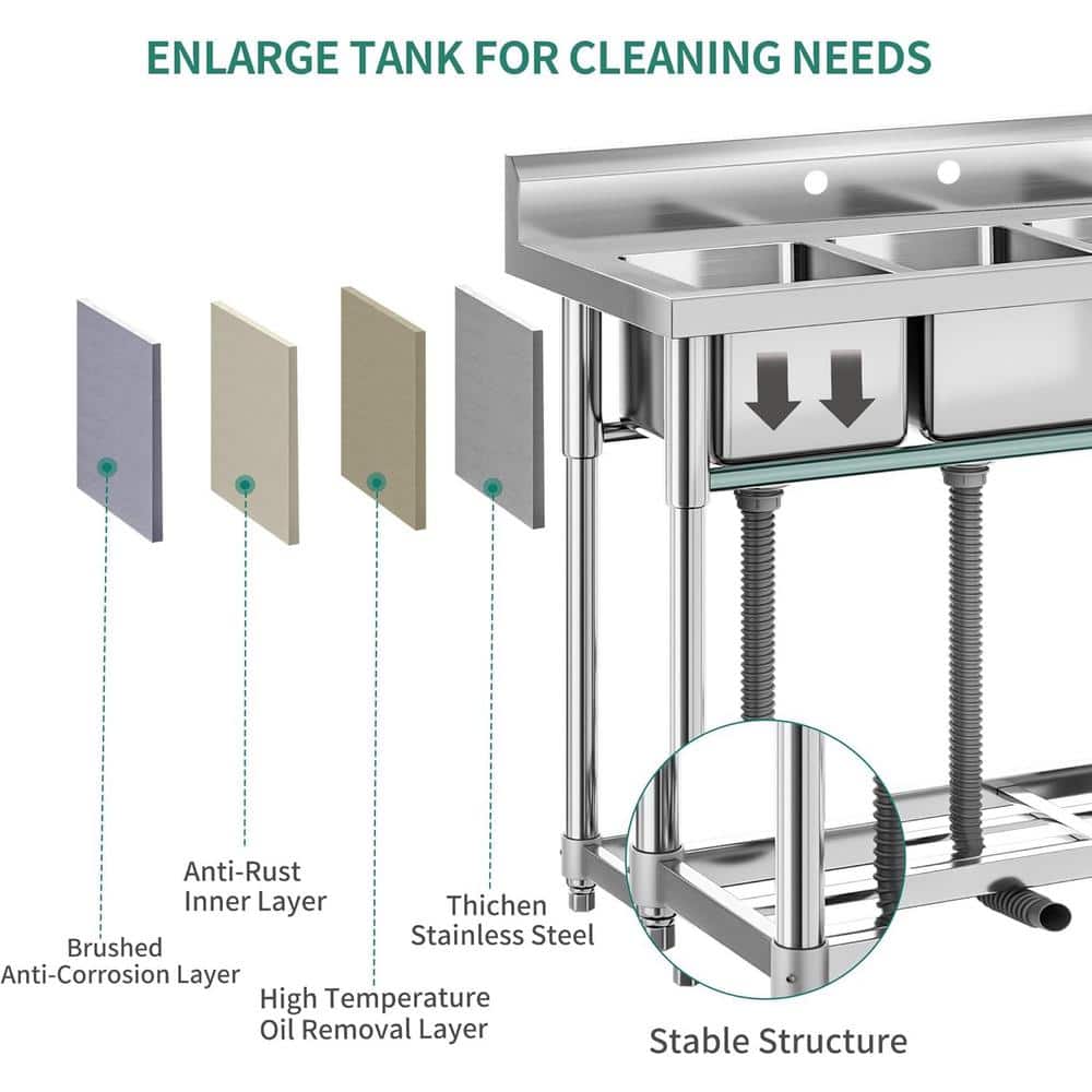 Adrinfly Stainless Steel 3 Compartment Freestanding Utility Sink with Adjustable Height and Shelf