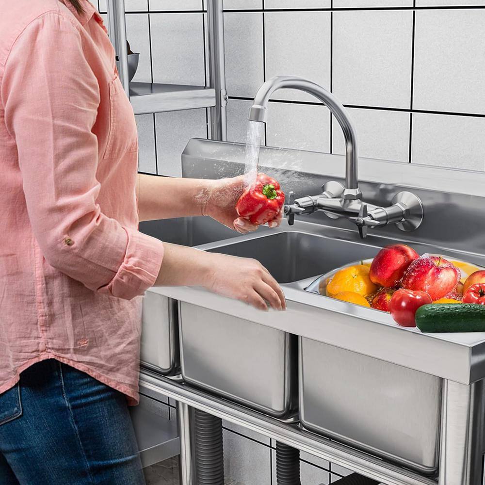 Adrinfly Stainless Steel 3 Compartment Freestanding Utility Sink with Adjustable Height and Shelf