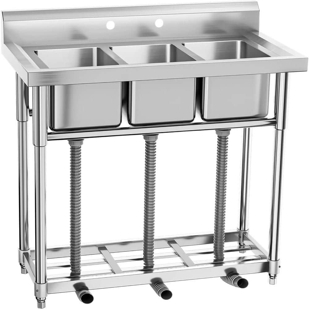 Adrinfly Stainless Steel 3 Compartment Freestanding Utility Sink with Adjustable Height and Shelf