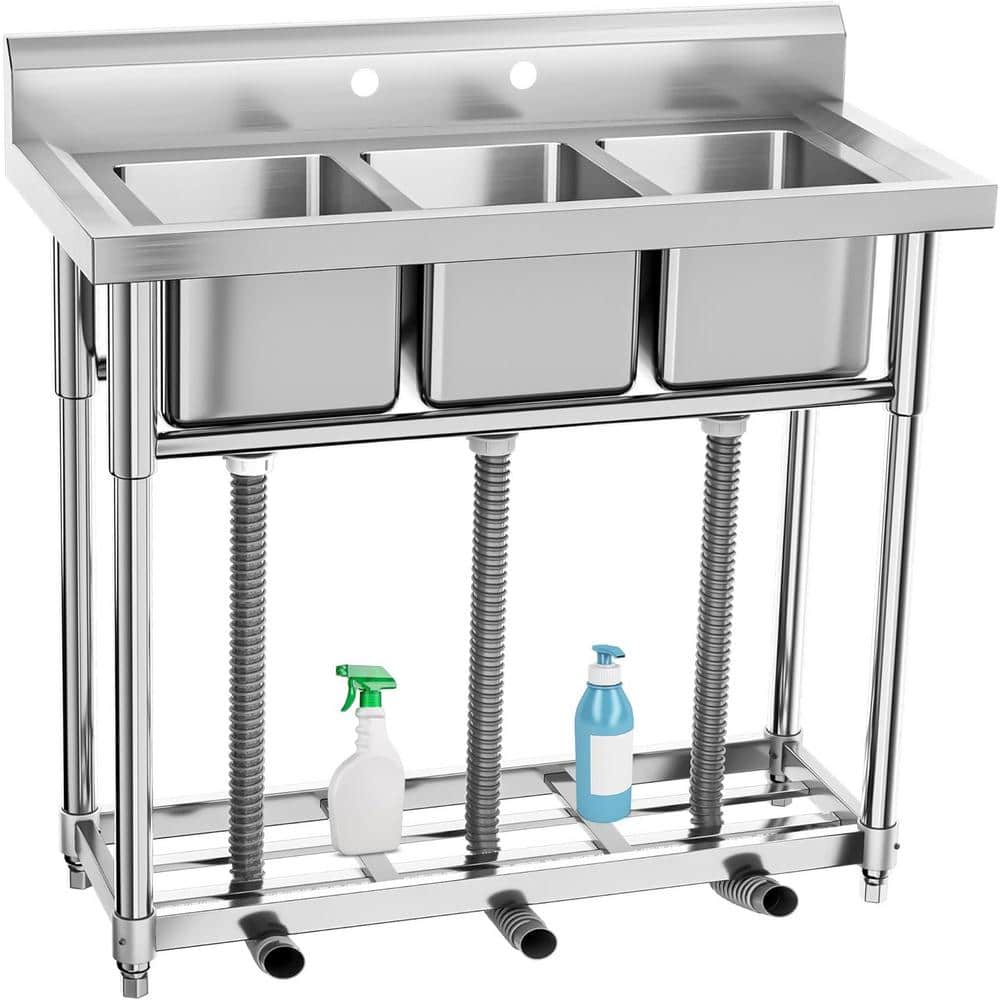 Adrinfly Stainless Steel 3 Compartment Freestanding Utility Sink with Adjustable Height and Shelf