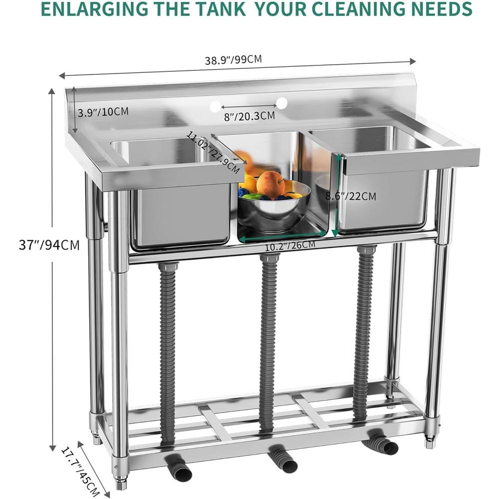 Adrinfly Stainless Steel 3 Compartment Freestanding Utility Sink with Adjustable Height and Shelf