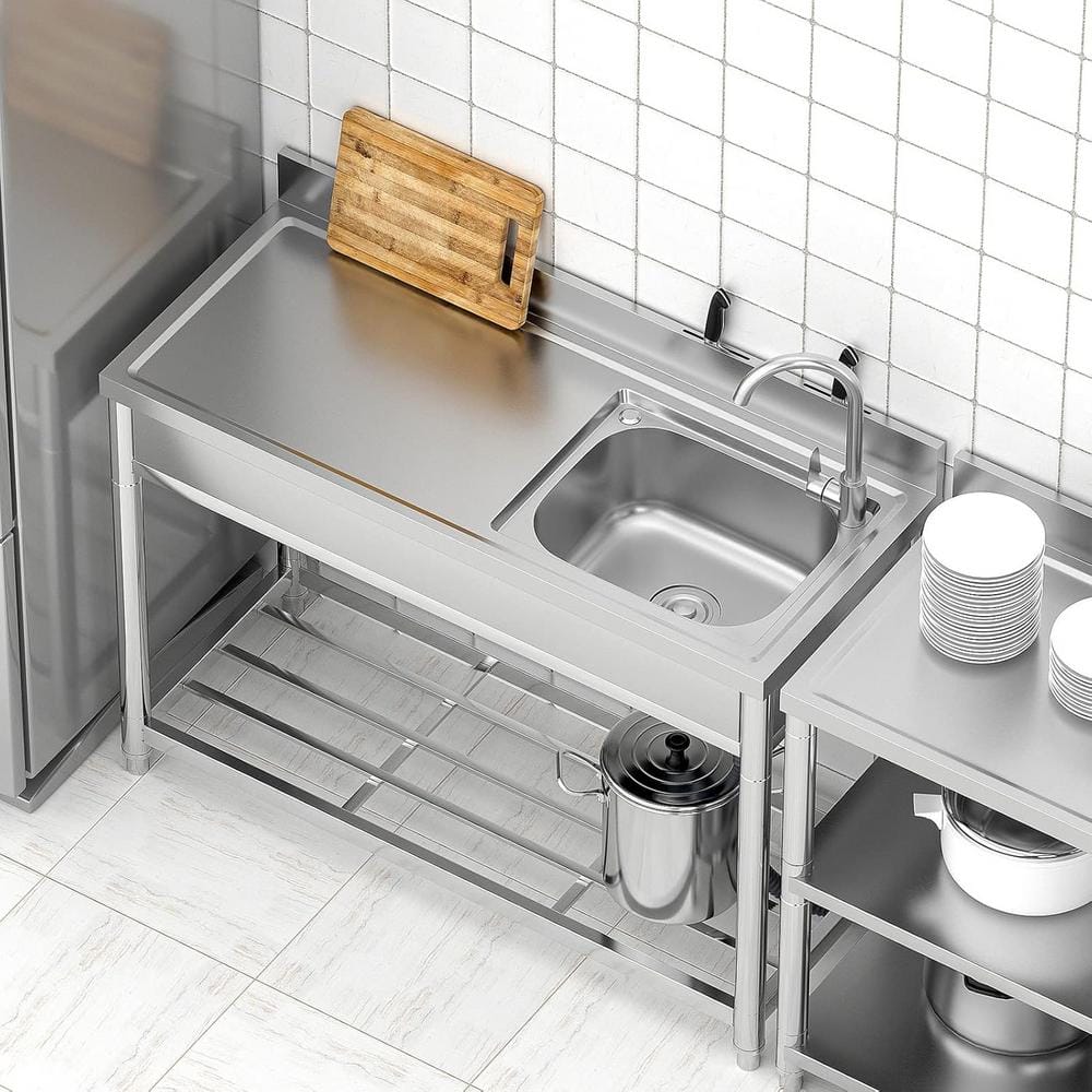 Adrinfly Stainless Steel Freestanding Utility Sink with Workbench & Faucets