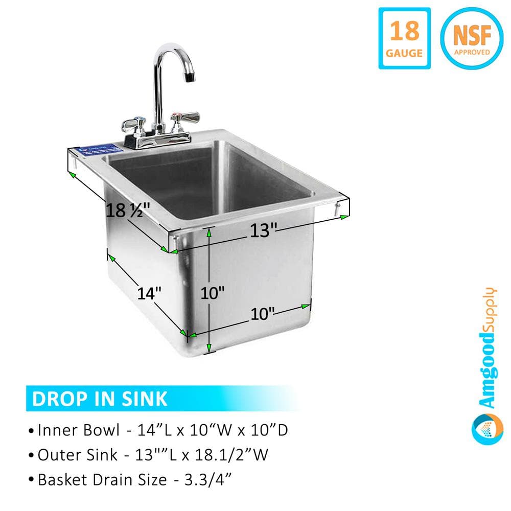 AMGOOD 18.5" x 13" Stainless Steel Drop-in Sink with Faucet - NSF Certified