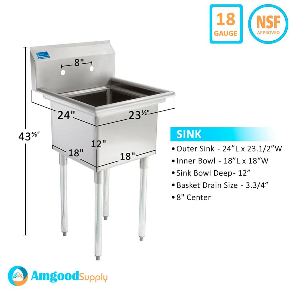 AMGOOD 24 in x 23.5 in Stainless Steel One Compartment Utility Laundry Sink