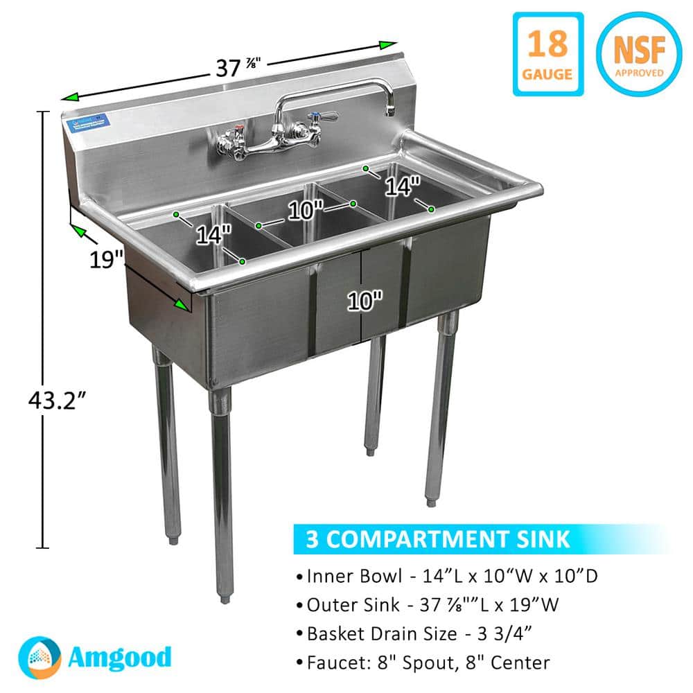 AMGOOD 19" x 37" Stainless Steel 3 Compartment Utility Sink with Faucet