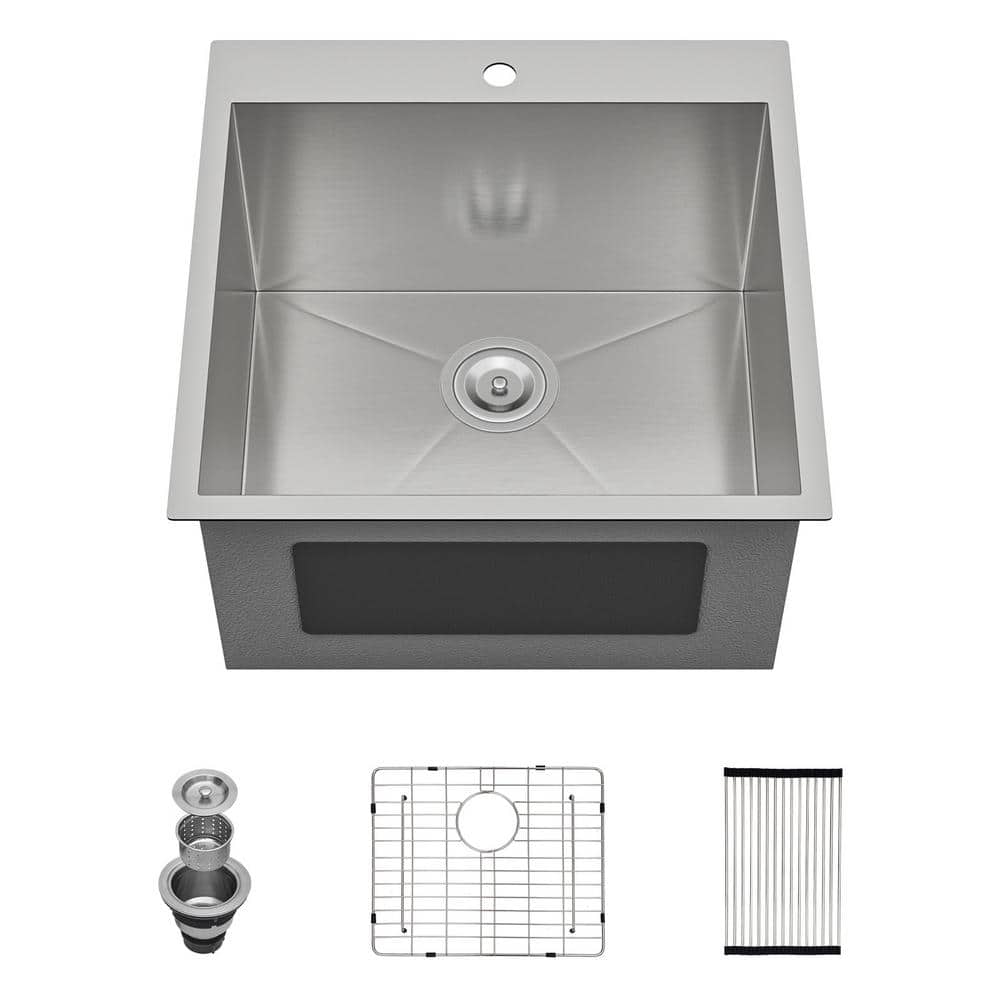LORDEAR 22 in. Drop-In Laundry Utility Sink Stainless Steel 16 Gauge with Strain Basket