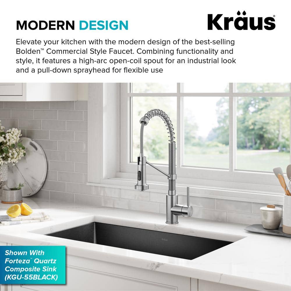 KRAUS Bolden Single-Handle Pull-Down Sprayer Kitchen Faucet with Dual-Function Sprayhead, Stainless Steel, 18-3/4 in. Height