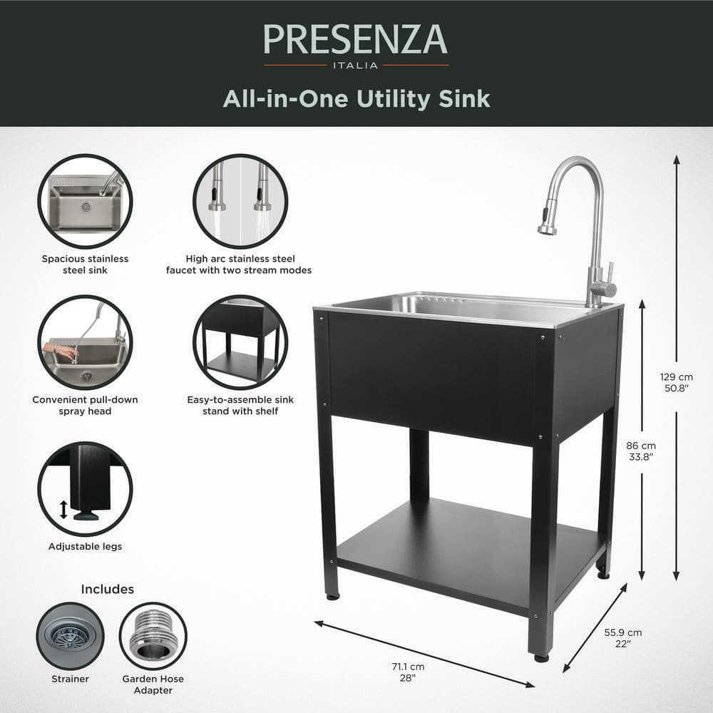 Presenza All-in-One 28" x 21.9" Freestanding Stainless Steel Laundry Sink with Faucet & Stand - Matte Black