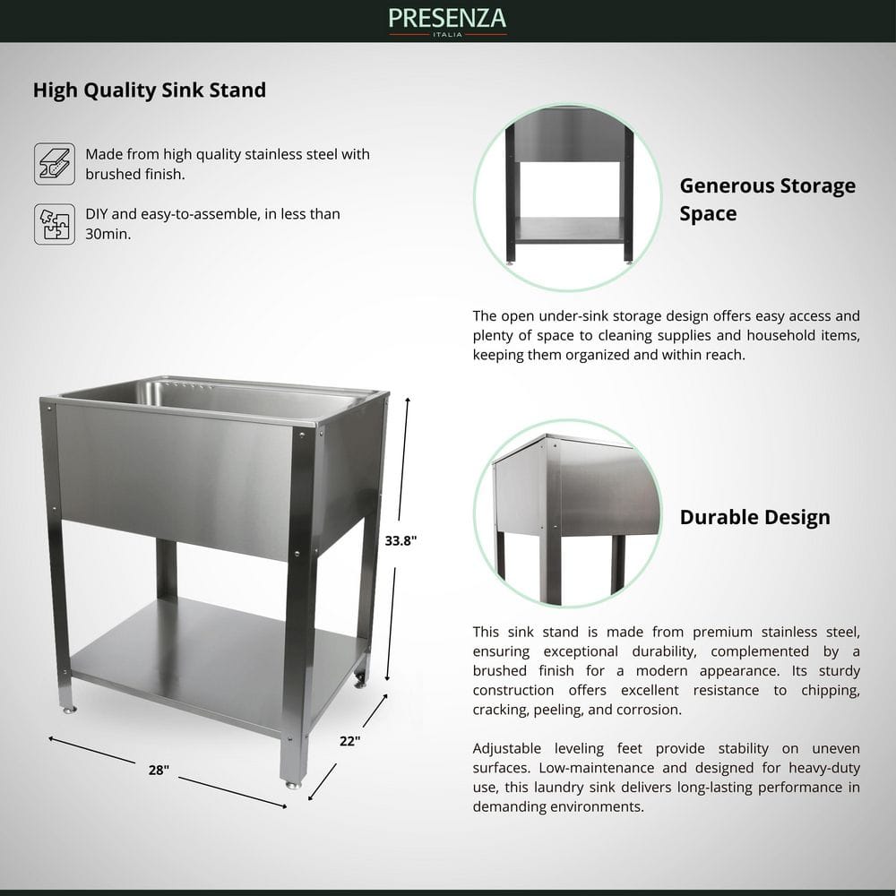 Presenza All-in-One Freestanding Stainless Steel Laundry Utility Sink with Stand and Faucet