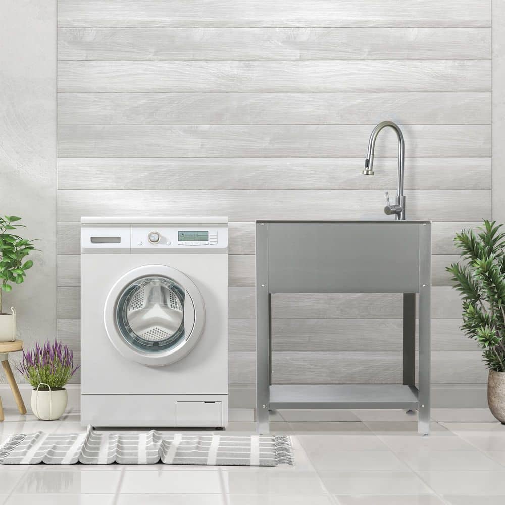 Presenza All-in-One Freestanding Stainless Steel Laundry Utility Sink with Stand and Faucet
