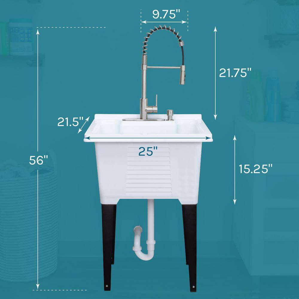 TEHILA 25 in. x 21.5 in. ABS Plastic Freestanding Utility Sink with Stainless High-Arc Coil Faucet & Soap Dispenser