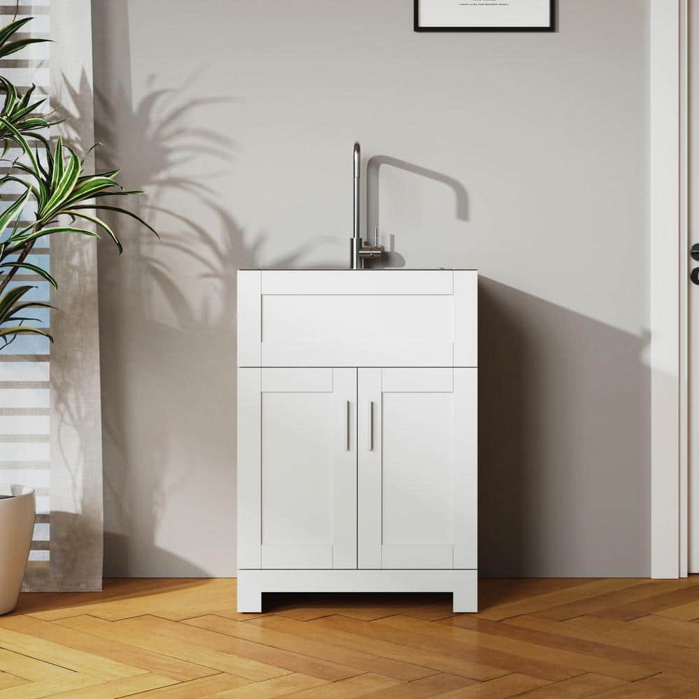 Tileon Stainless Steel Drop-In Laundry Sink with Cabinet and Faucet Combo in White