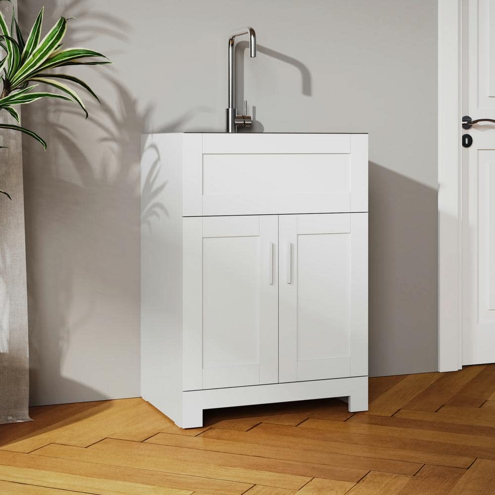 Tileon Stainless Steel Drop-In Laundry Sink with Cabinet and Faucet Combo in White
