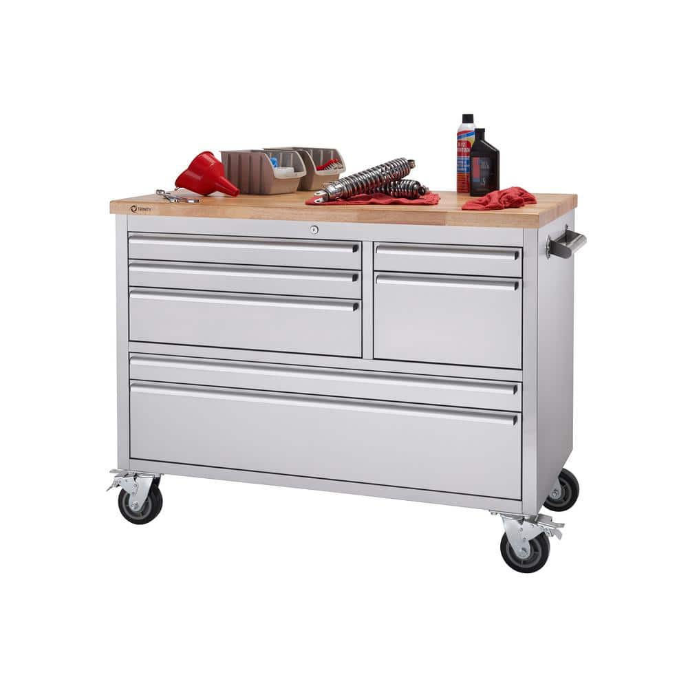 TRINITY 48 in. W x 26 in. D 7-Drawer Stainless Steel Workbench with Storage