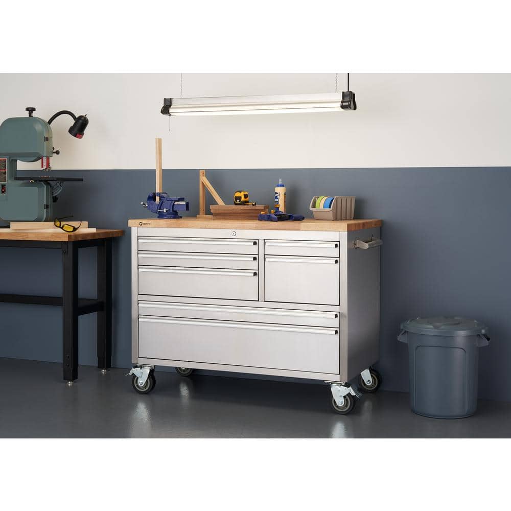 TRINITY 48 in. W x 26 in. D 7-Drawer Stainless Steel Workbench with Storage