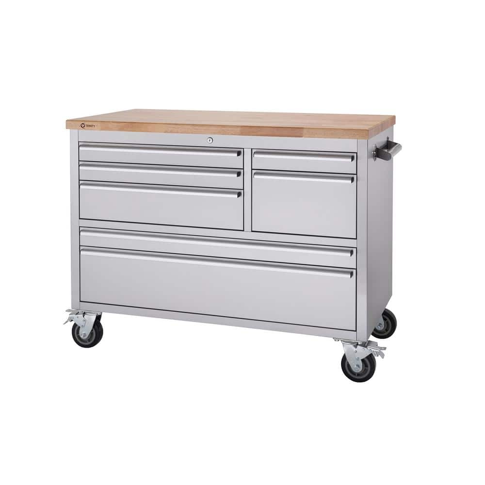 TRINITY 48 in. W x 26 in. D 7-Drawer Stainless Steel Workbench with Storage