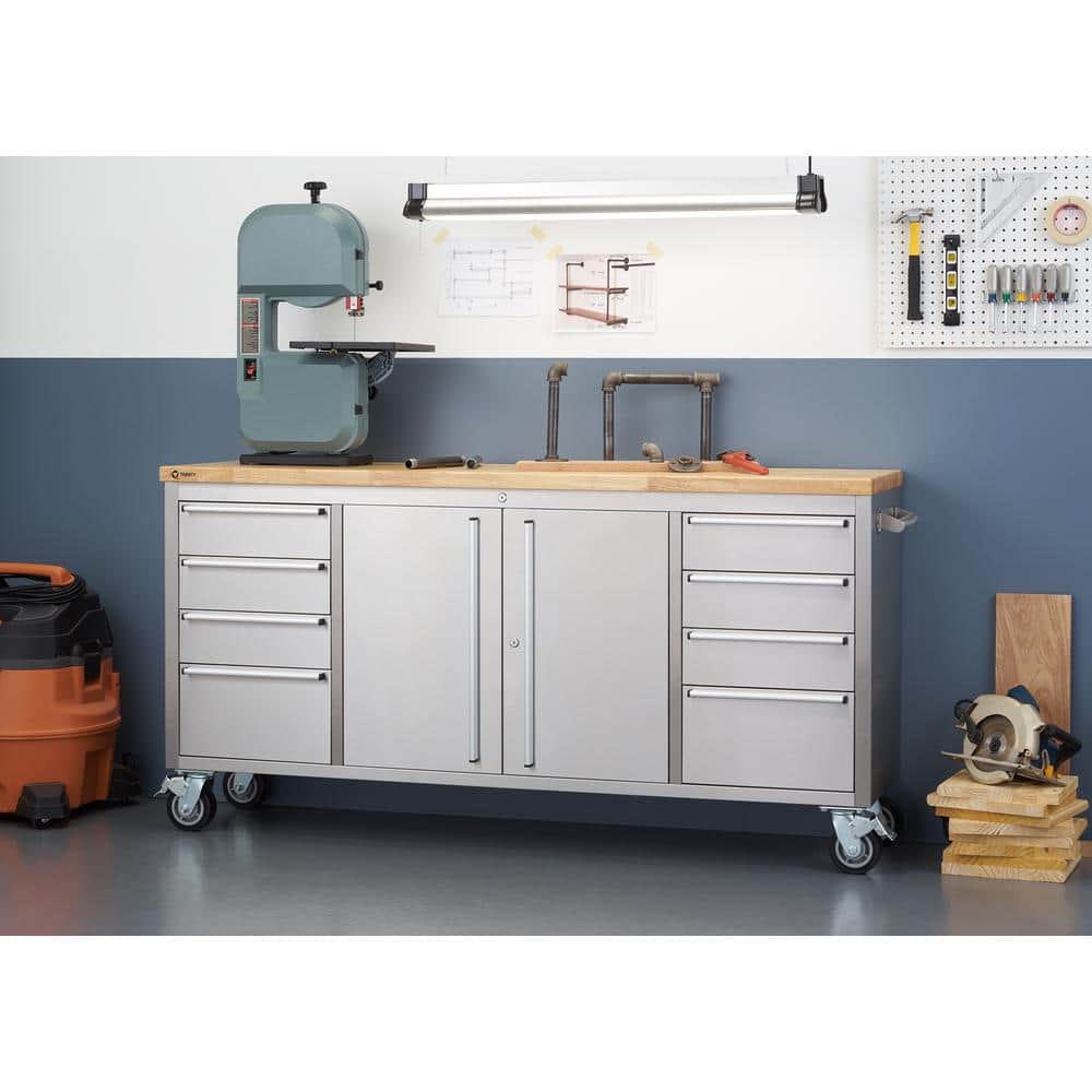 TRINITY 72 in. W x 19 in. D 8-Drawer Stainless-Steel Corner Rolling Mobile Workbench