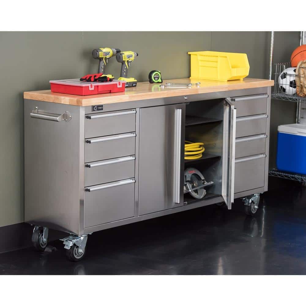 TRINITY 72 in. W x 19 in. D 8-Drawer Stainless-Steel Corner Rolling Mobile Workbench