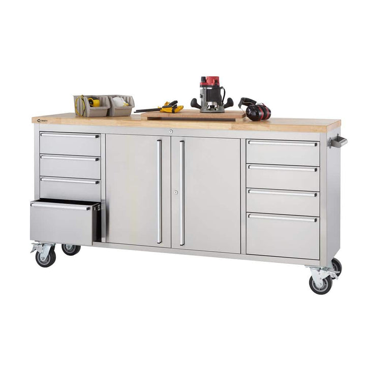 TRINITY 72 in. W x 19 in. D 8-Drawer Stainless-Steel Corner Rolling Mobile Workbench