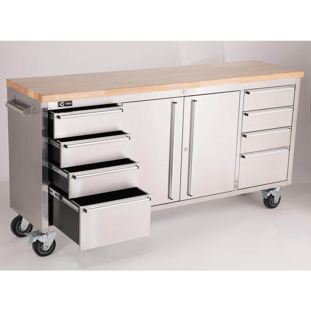 TRINITY 72 in. W x 19 in. D 8-Drawer Stainless-Steel Corner Rolling Mobile Workbench